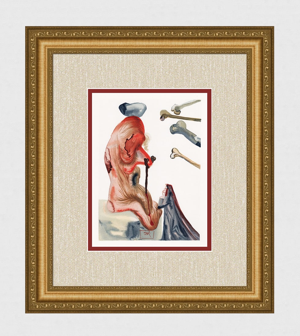 Salvador Dali The Fraudulent Ones 1960 Woodcut Signed Framed: Salvador Dali. "The Fraudulent Ones" Enferno Chant 18. Authentic Original Color Woodcut from The Divine Comedy Printed in 1960 on B.F.K. Rives Paper ( this is not a reproduction, copy, or reprint, but