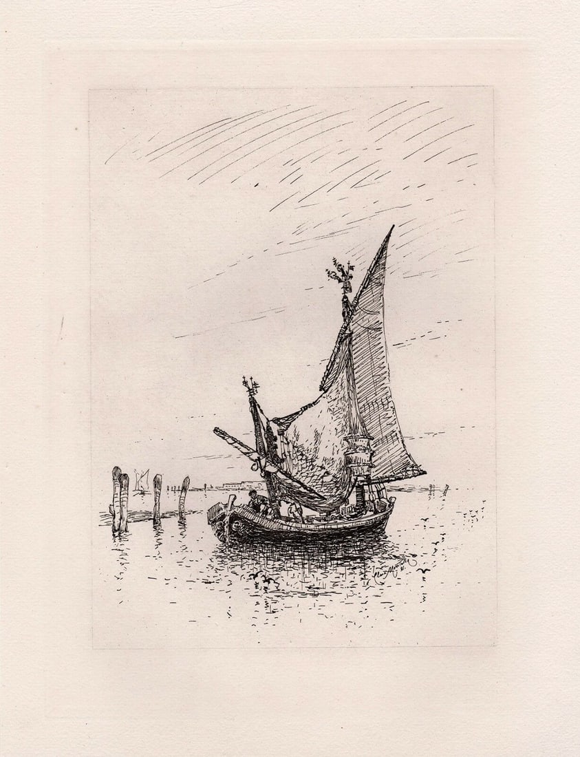 Clara Federica Montalba 1882 etching Venetian Fishing Boats signed: Clara Federica Montalba. (British, 1842-1929). Venetian Fishing Boats. Antique copper plate etching on thick laid paper after the original sketch by Dujardin. 1882. Signed in the plate. Excellent. Ima