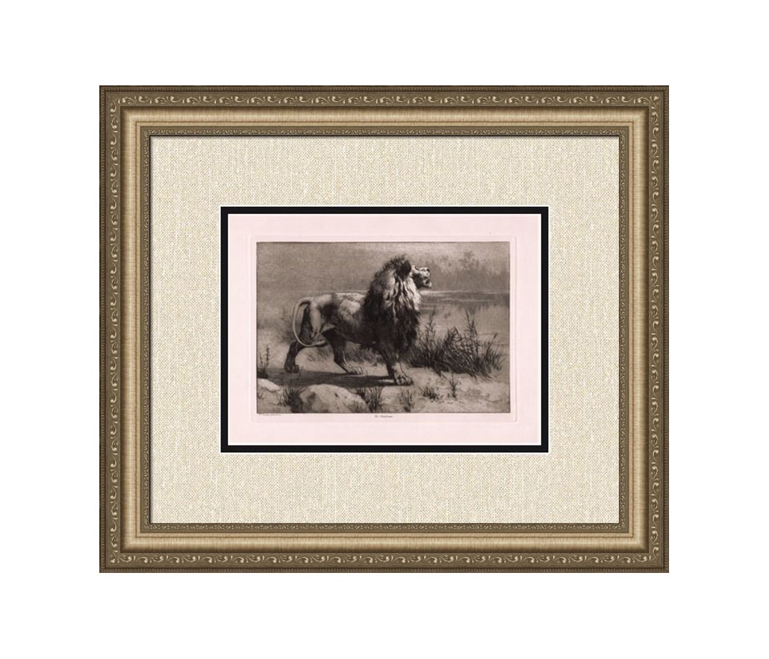 Herbert Thomas Dicksee Lion Challenge 1892: Herbert Thomas Dicksee. (English, 1862-1942). Challenge. Original drypoint etching with mezzotint on thick wove paper. 1892. Signed in the plate. Excellent. Image size 6 7/8 x 9 7/8 inches. Approximat