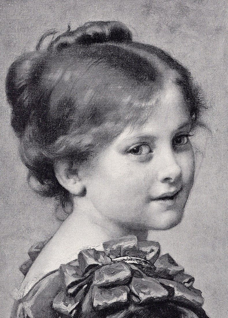 1800s Leon Perrault Antique Print Portrait of a Young Girl Framed: Leon-Jean-Bazille Perrault (French, 1832-1908). Innocence. Antique print after original. Year: c. 1890. Image Size 8 x 10 inches. Framed dimensions approximately 17 x 19 inches. This piece has been pr