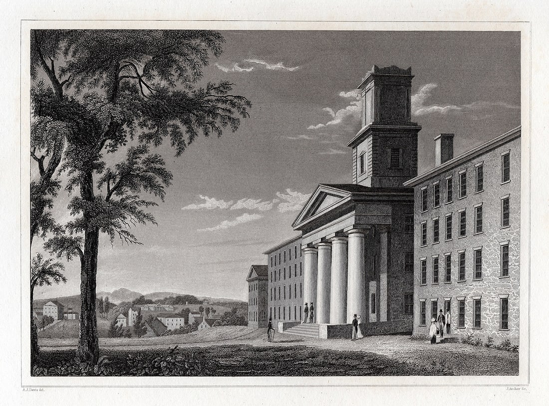 1800s Alexander Jackson DAVIS Engraving Amherst College, Mass FRAMED SIGNED (1 of 3)