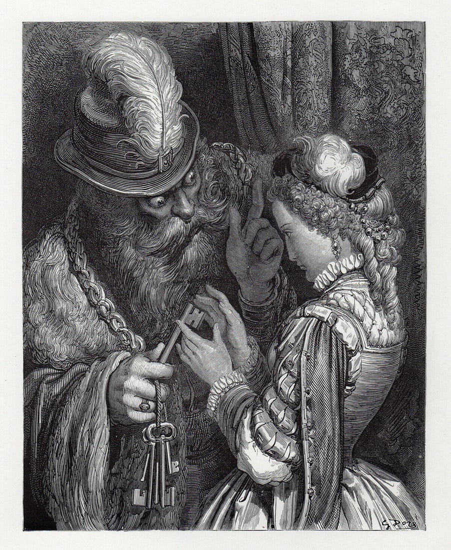 Gustave Dore Blue Beard 1880 Woodcut Signed Framed: Gustave Dore. Blue Beard IV. Antique woodcut on thick wove paper after the original by a Master wood engraver. 1880. Signed in the plate. Image size 7 1/2 x 9 1/2 inches. Framed dimensions: Approximat