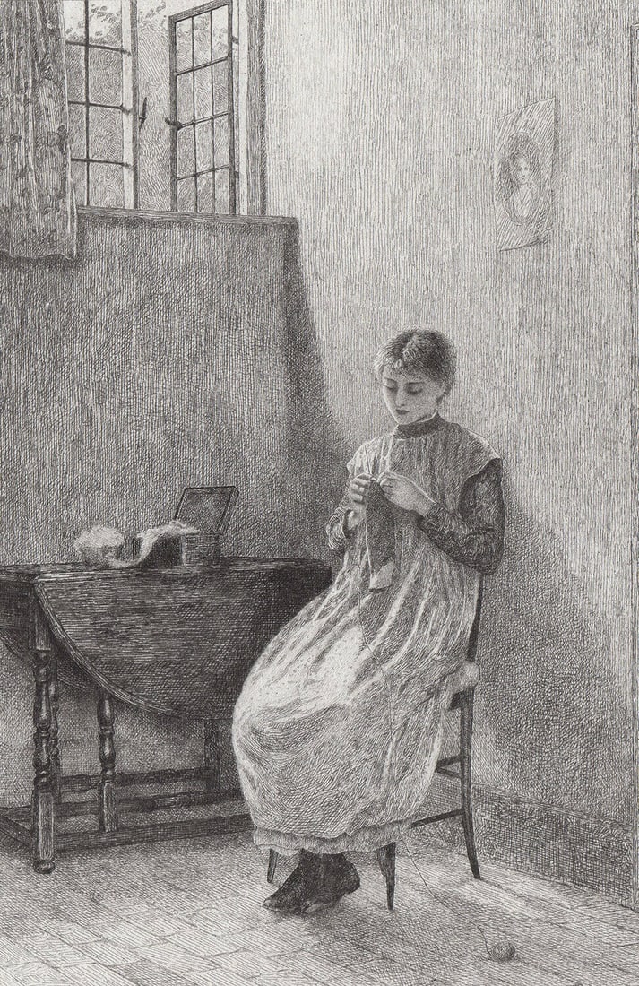 1882 Helen ALLINGHAM Etching "Meditating Young Knitter" - 2