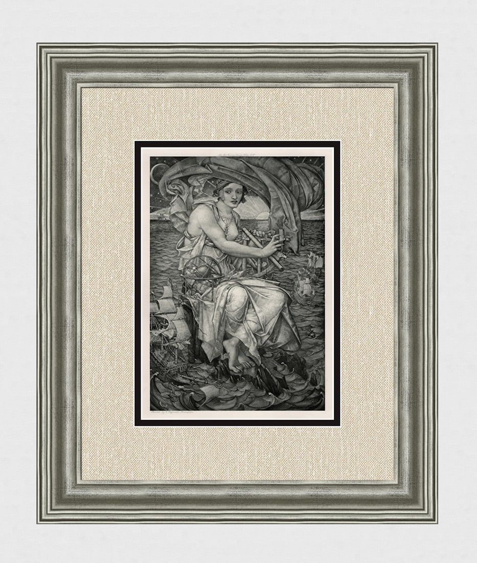 Edward Reginald Frampton Antique Print LADY NAVIGATION Framed: Edward Reginald Frampton (British, 1870 - 1923). Navigation. Antique heliogravure on wove paper after the original painting by a Maste Engraver. Year: 1907. Signed in the plate, lower right. Image siz