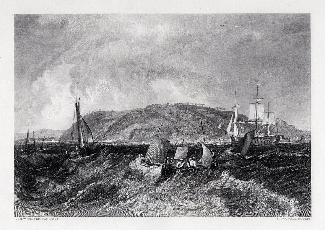 JMW TURNER 1800s Engraving Coastal View with Battleship SIGNED Framed COA (1 of 3)