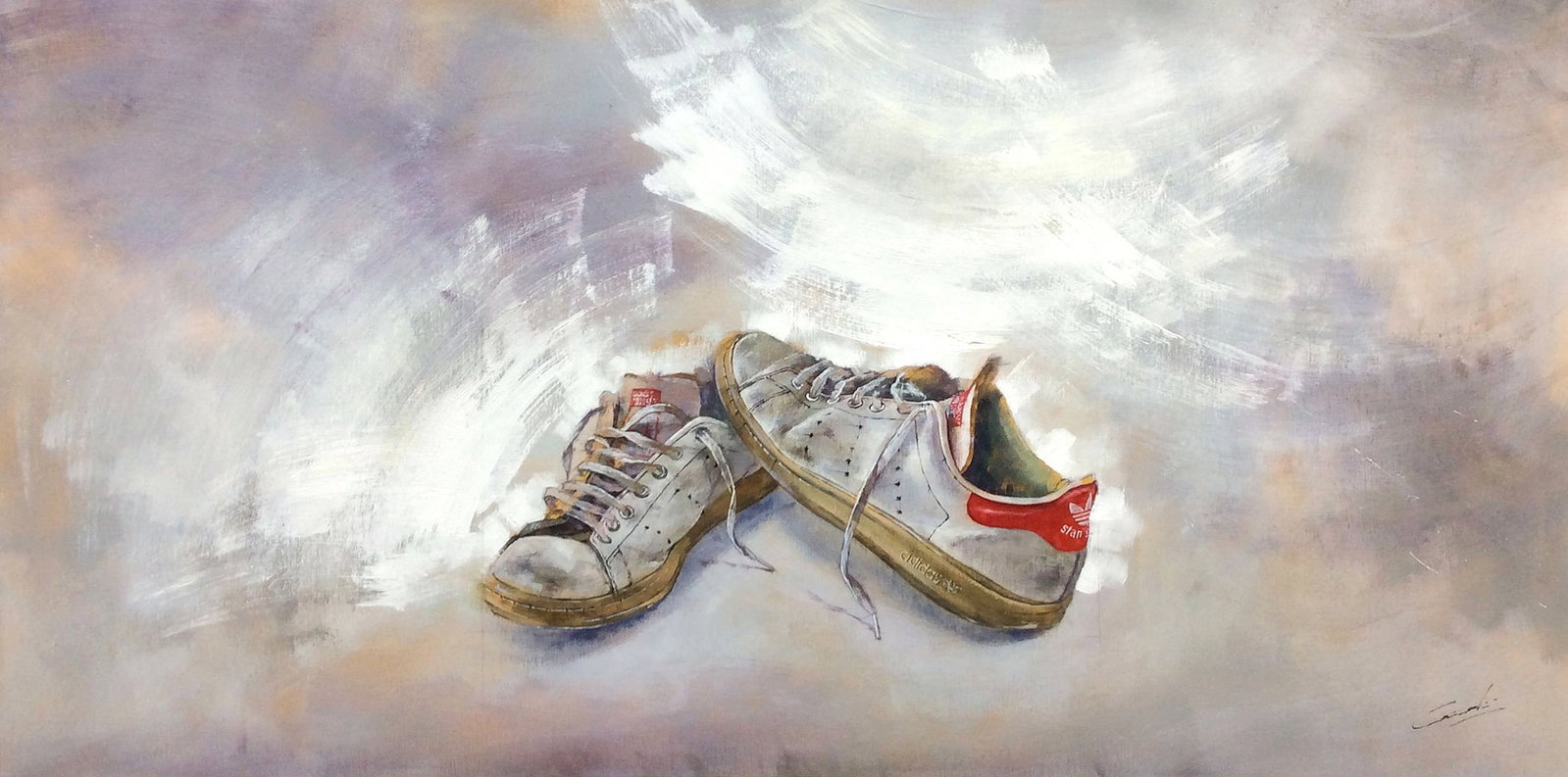 Jose Cascales Original Painting Tennis Shoes II 43 x 23 Inches: Jose Vicente Cascales Mascarell (b. 1976, Spain). Tennis Shoes II. Original oil painting on canvas. Signed by the Artist. Canvas Size 43 x 23 inches. "After graduating in Fine Arts in 1999, my first i