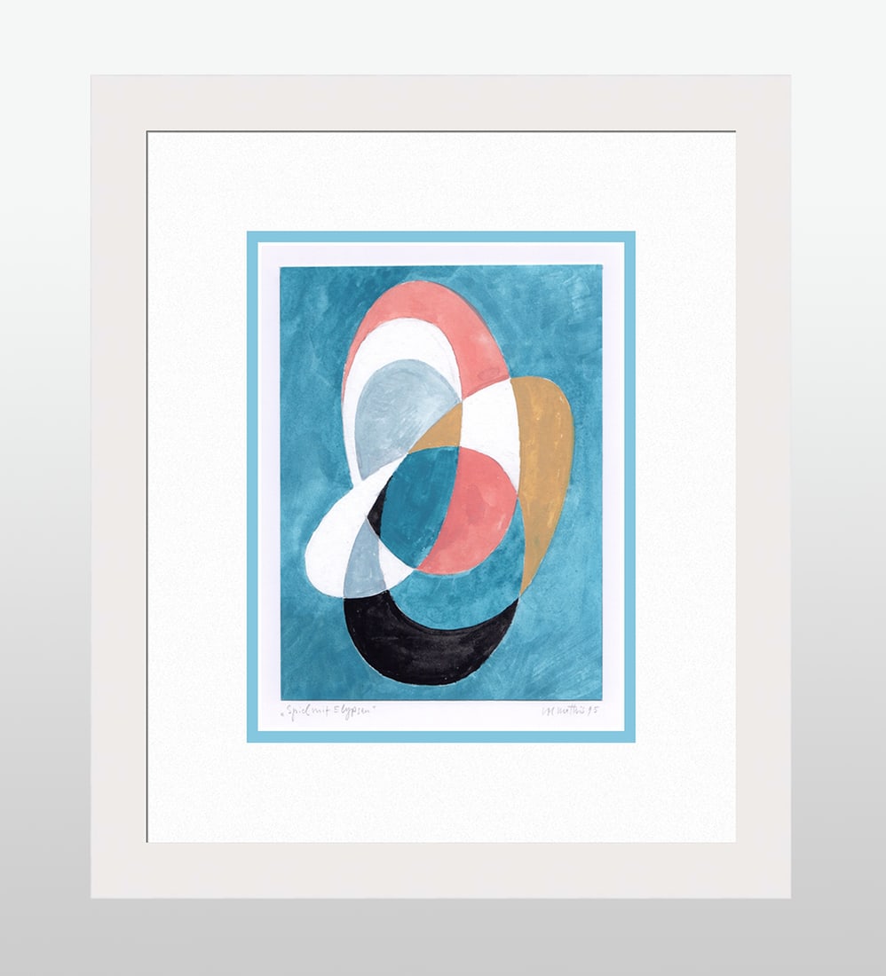Mathis Original Gouache Game with Elypses Framed Swiss: Josef Johann Mathis (Joe Mathis, 1913 - 2002; Swiss). Game with Elypses (Spiel mit Elypsen). Original Mixed Media Gouache on paper. Year: 1995. Hand signed and dated in pencil, lower right. Titled in 