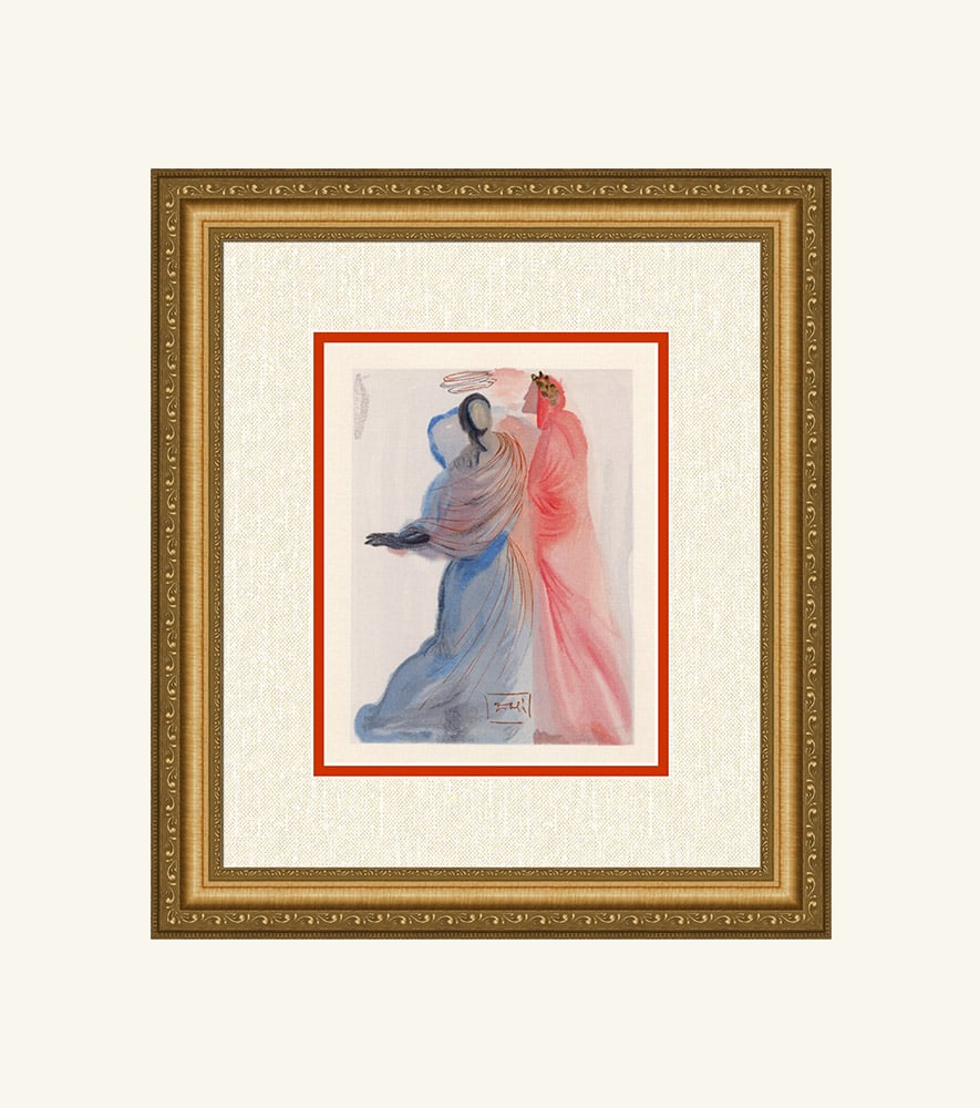 Salvador Dali 1960 Woodcut Beatrice Signed Framed: Salvador Dali. "Beatrice's Splendour" Paradise Chant 18. Authentic Original Color Woodcut from The Divine Comedy Printed in 1960 on B.F.K. Rives Paper ( this is not a reproduction, copy, or reprint, b