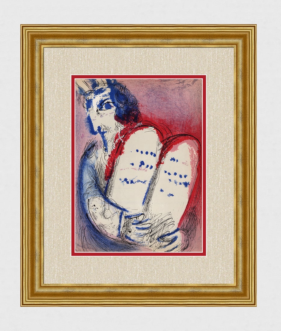 1956 Marc Chagall Lithograph Moses Framed: Marc Chagall (1887-1985) Moses with the tablets of the Law (M. 126). Original Lithograph on Wove Paper. 1956. Limited to 6500 impressions. Atelier Mourlot. Dimensions: Sheet Size: c. 10 1/2 x 14 inche