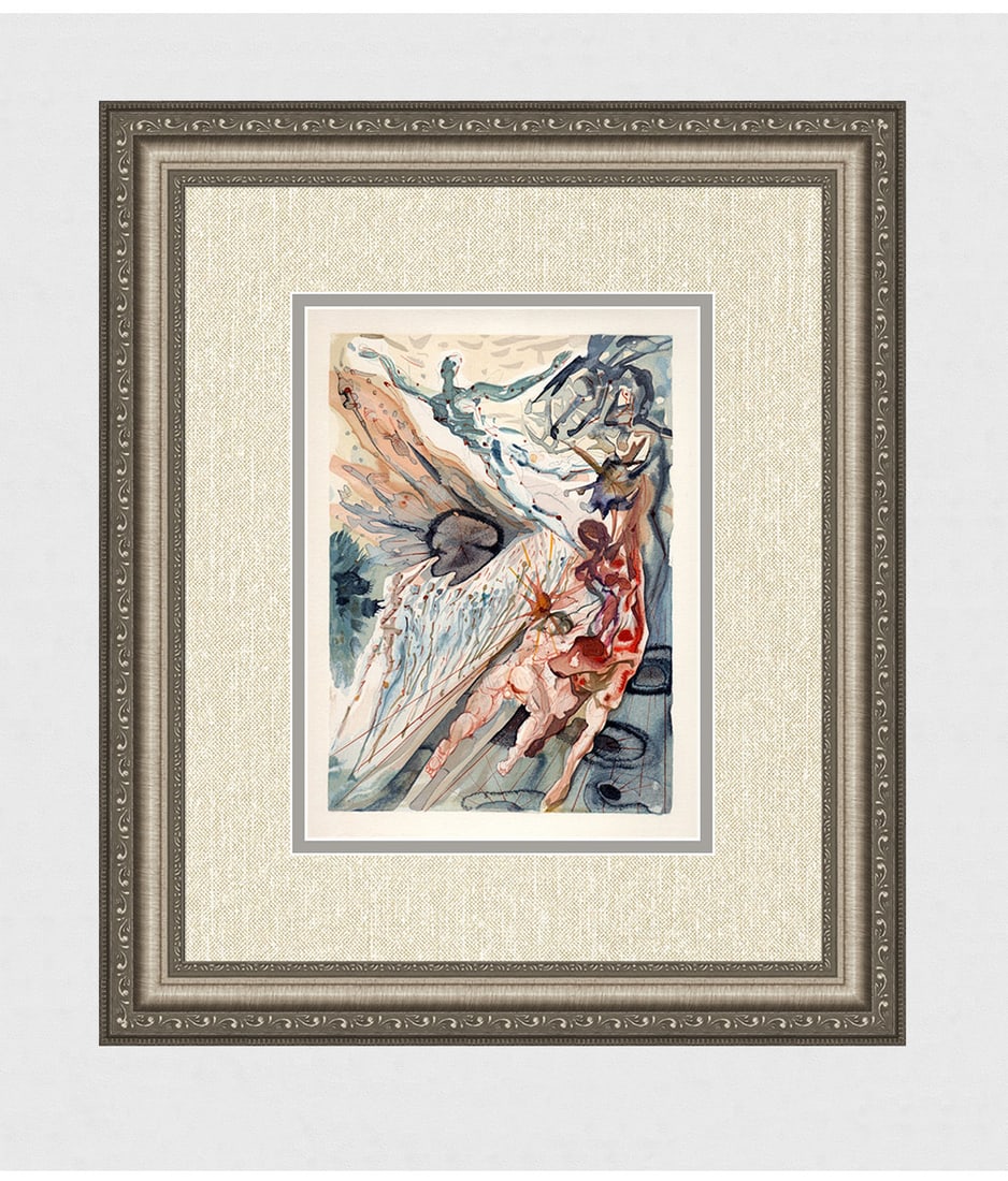 1960 Salvador Dali Lustful Authentic Woodcut: Salvador Dali. (1904-1989). "Meeting of the Two Groups of Lustful Ones" Purgatory Canto 26. Authentic Original Color Woodcut from The Divine Comedy Printed in 1960 on B.F.K. Rives Paper ( this is not