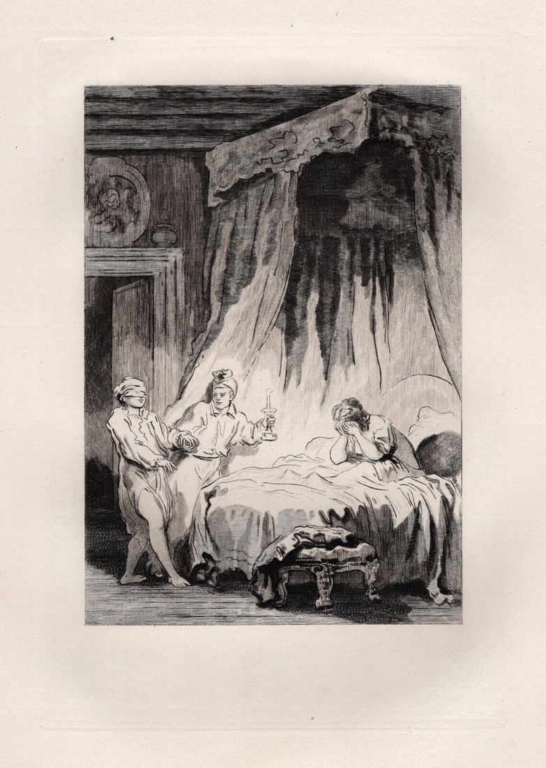 1800s JEAN-HONORE FRAGONARD Etching The Mandrake Framed LIMITED: Jean-Honore Fragonard (French, 1732 - 1806). The Mandrake (La Mandragore) (from Conte de La Fontaine). Antique etching on laid paper after the original by master engraver Adolphe Martial Potemont (Fre