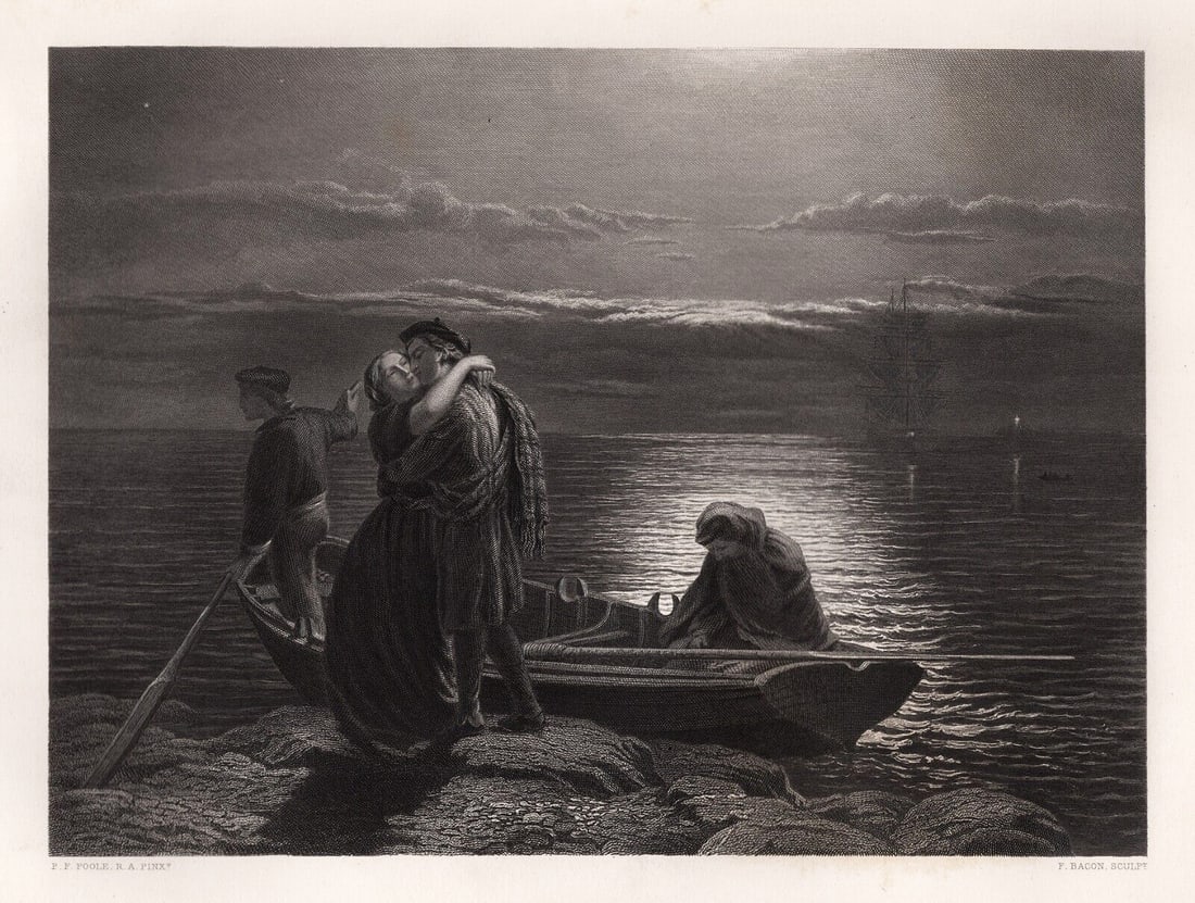 1800s Paul Poole Engraving The Fisherman's Wife Framed Signed: Paul Falconer Poole (English, 1806-1879).The Parting Moment. Antique engraving after the original by master engraver Frederick Bacon (British, 1803-1887). Year: 1866. Signed in the plate. Image Size 7