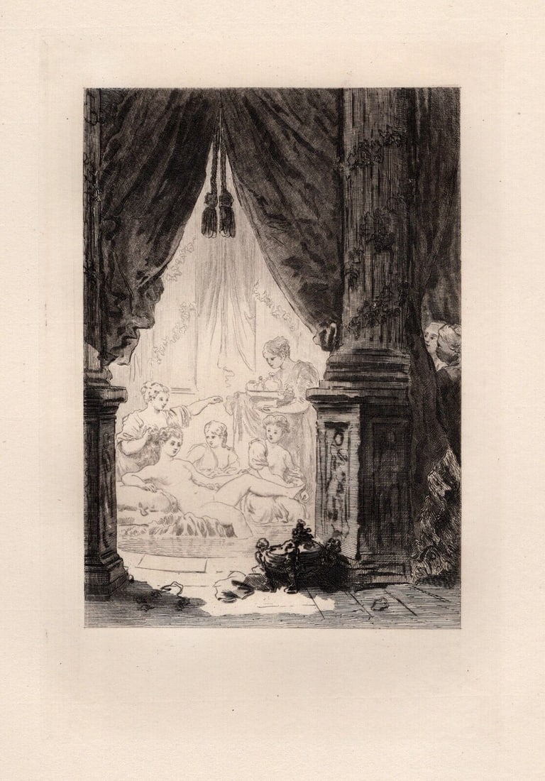 LIMITED 1800s Jean-Honore FRAGONARD Etching Candaules & Master of the Law FRAMED: Jean-Honore Fragonard (French, 1732 - 1806). King Candaules and the Master of the Law (Le Roi Candaule et le Maitre en droit) (from Conte de La Fontaine). Antique etching on laid paper after the origi