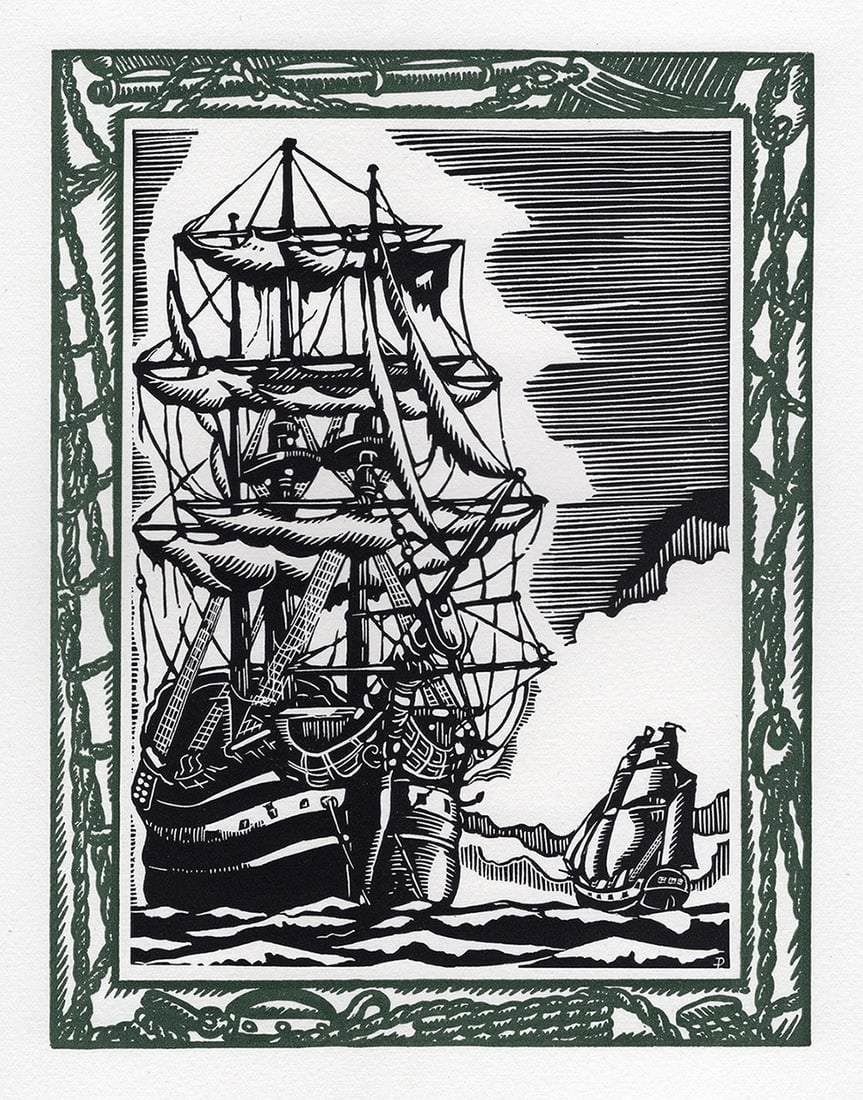 1946 PATRICK DE MANCEAU LIMITED Woodcut Sailing the Coast of Chile Framed (1 of 2)