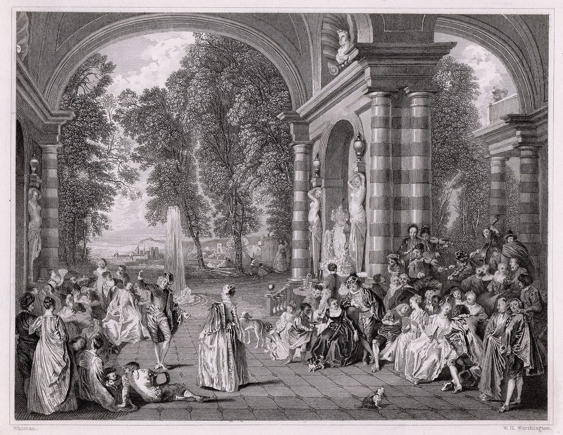 1834 Antoine Watteau Le Bal Champetre engraving signed: Antoine Watteau. (Jean-Antoine Watteau) (French, baptized 1684-1721). Le Bal Champetre. Antique steel engraving on wove paper after the original oil on canvas by master engraver William Henry Worthing
