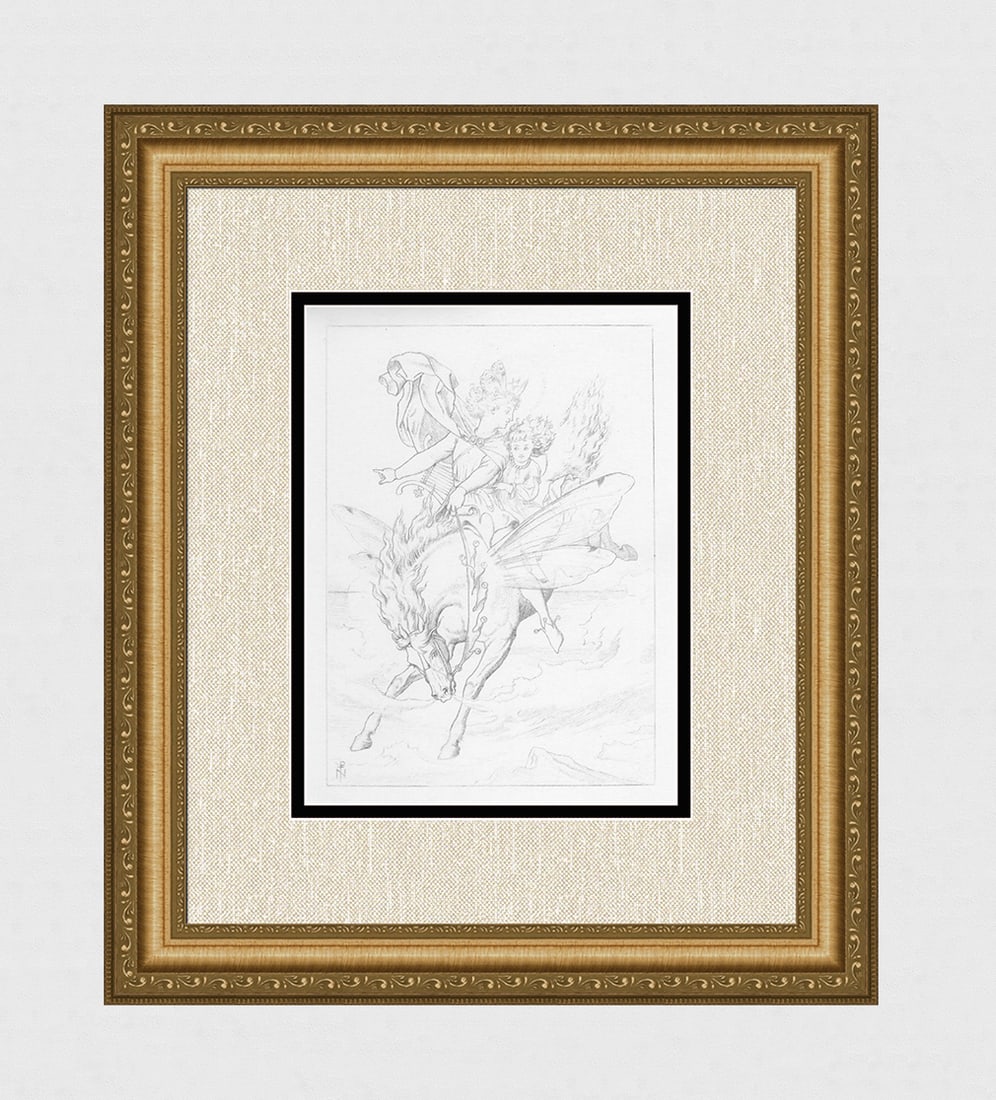 1800s Noel Paton Antique print "A Child's Dream" Signed Framed: Sir Joseph Noel Paton (Scottish, 1821 - 1901). The A Child's Dream. Antique heliogravure on wove paper after the original drawing by a Master Engraver. Year: 1881. Image Size 7 1/8 x 10 inches. Framed