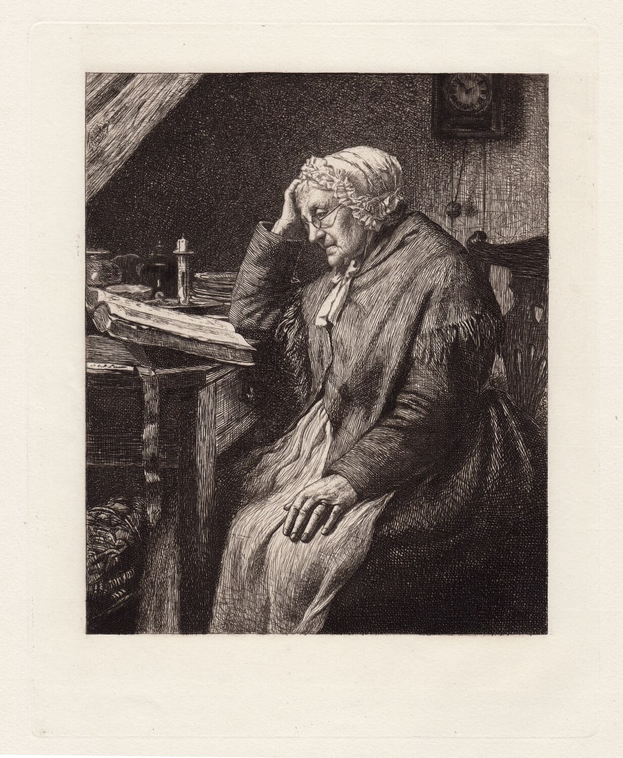 Norman Macbeth Fourscore Years 1886 etching: Norman Macbeth. (Scottish,1821-1888). Fourscore Years. Antique etching on thick laid paper after the original by master etcher Henry Macbeth-Raeburn (British, 1860-1947). 1886. Excellent. Image size 7