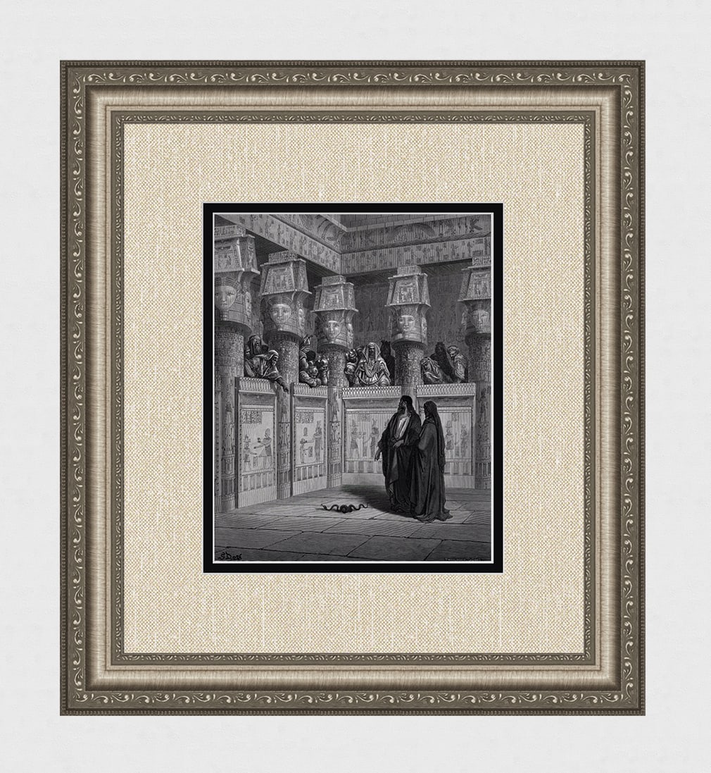 1800s Gustave DORE'S BIBLE Woodcut Moses & Aaron before Pharaoh SIGNED FRAMED: Gustave Dore (Paul Gustave Louis Christophe Dore) (French, 1832-1883). Moses and Aaron Before Pharaoh (from Dore's Bible). Antique woodcut wove paper after the original by a master wood engravers Adol