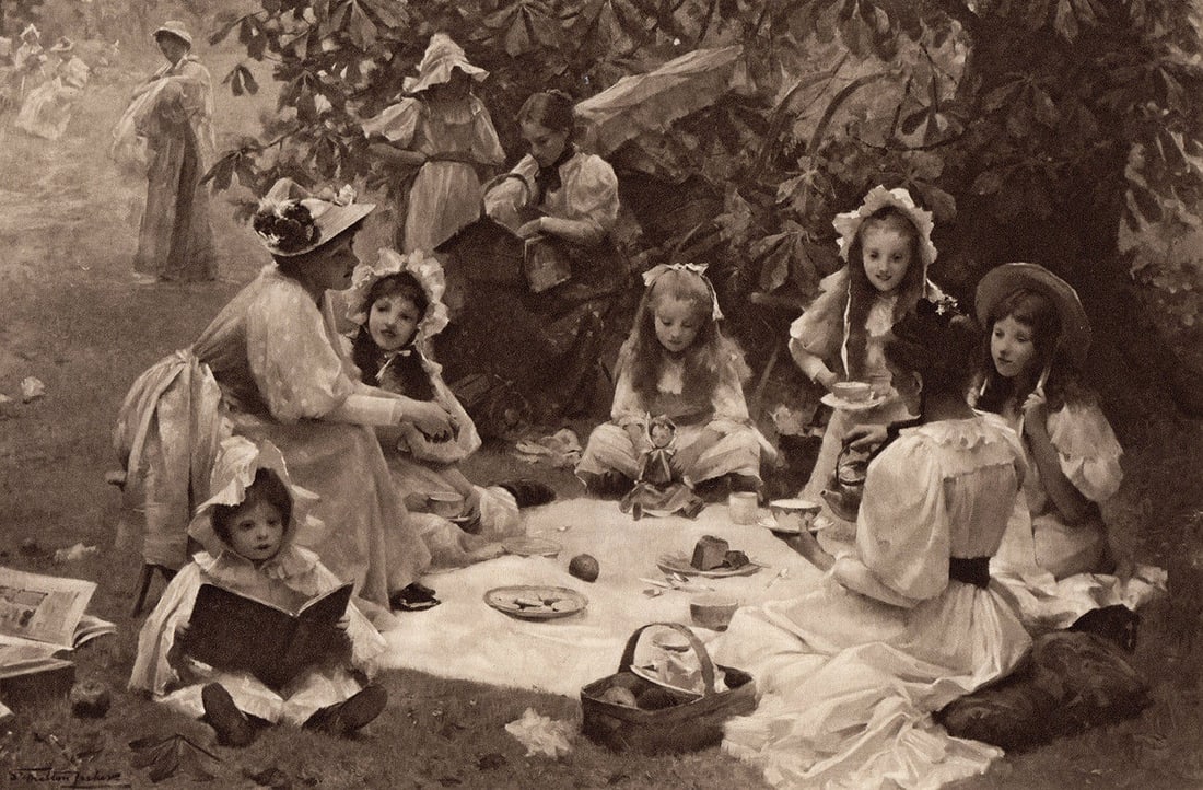 Samuel Melton Fisher A Children's Picnic 1899 Print Framed: Samuel Melton Fisher. (British, 1859 - 1939). A Children's Picnic. Antique heliogravure on wove paper after the original oil on canvas by a Master Engraver. 1899. Excellent. Image Size 6 1/2 x 10 inch