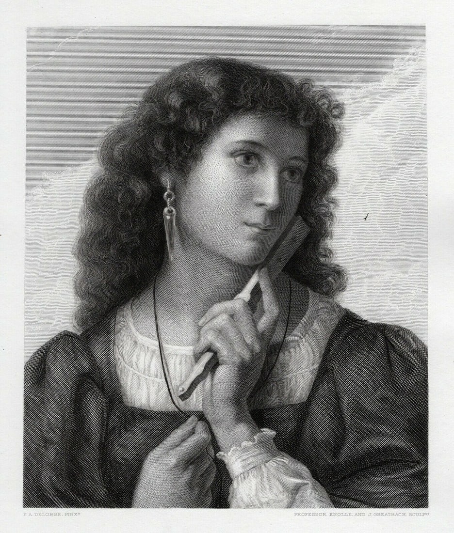 Francois-Alfred Delobbe 1800s Antique Engraving A Reverie Framed Signed COA: Francois-Alfred Delobbe (French, 1835 - 1920). A Reverie. Antique engraving on wove paper after original by master engraver Professor Knolle (19th century) and Joseph Greatbach (British, 19th century)