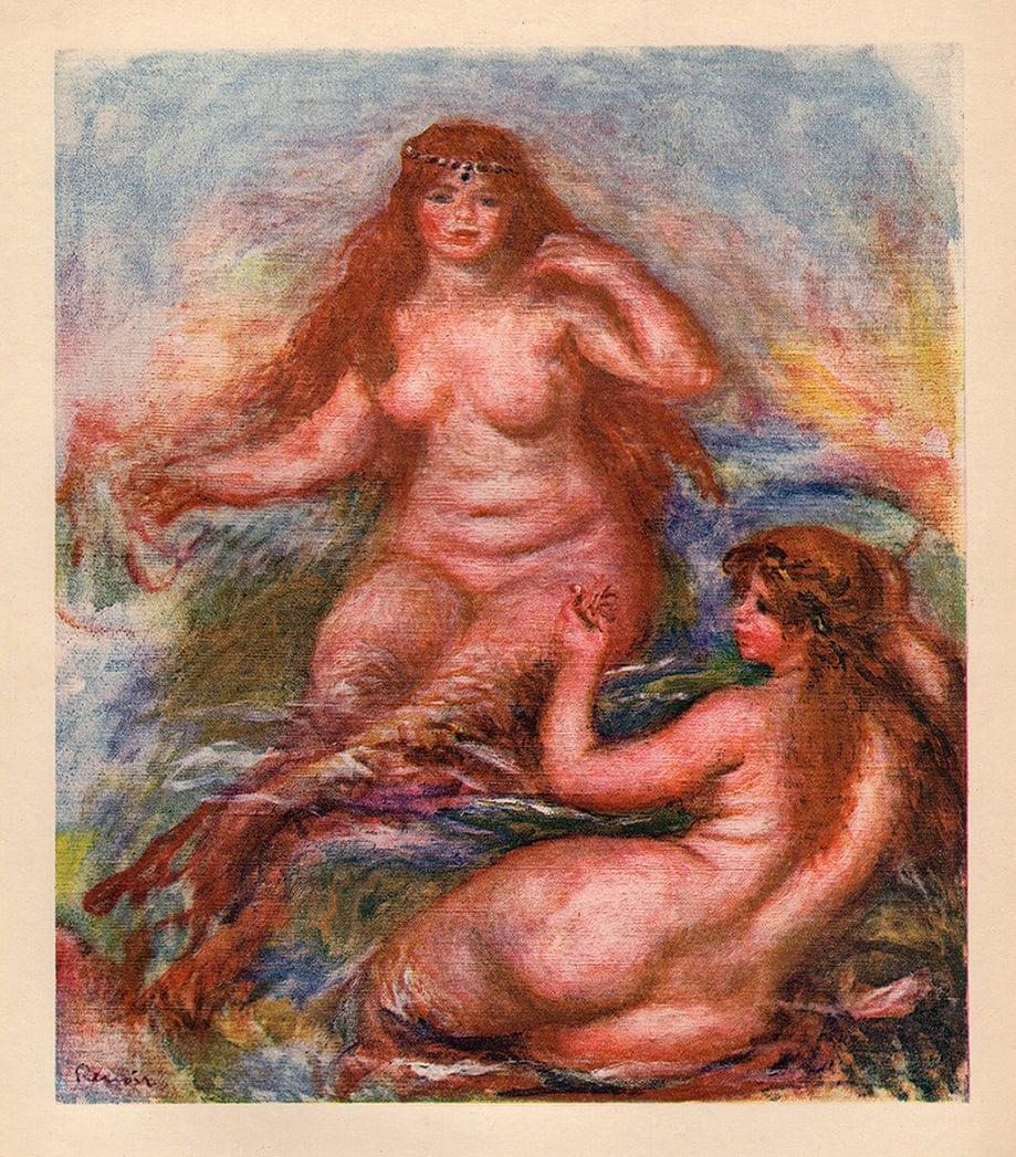 RENOIR 1919 Limited Color Lithograph "The Beautiful Mermaids" SIGNED LIMITED Framed: Pierre Auguste Renoir (1841 - 1919). Les Sirenes (Mermaids). Antique copper plate heliogravure engraving on beau papier teinte hand pulled by Emile Fequet in Paris on December 15, 1919. Edition: One o