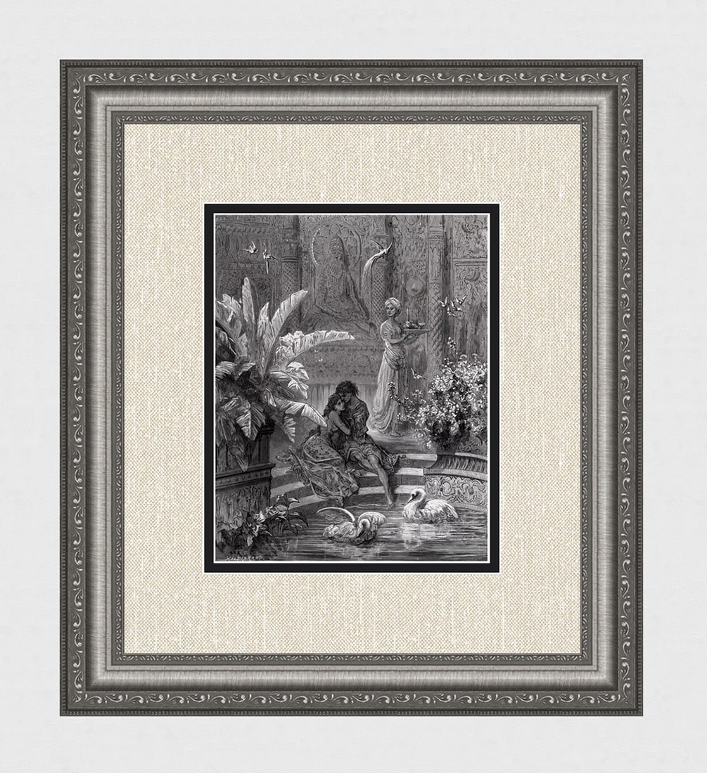 Gustave DORE 1800s Orlando Furioso Woodcut Angelica & Medoro FRAMED Signed: Gustave Dore (Paul Gustave Louis Christophe Dore )(French, 1832-1883). Angelica and Medoro escape happily to India. (From Orlando Furioso). Antique woodcut on wove paper after the original Illustratio