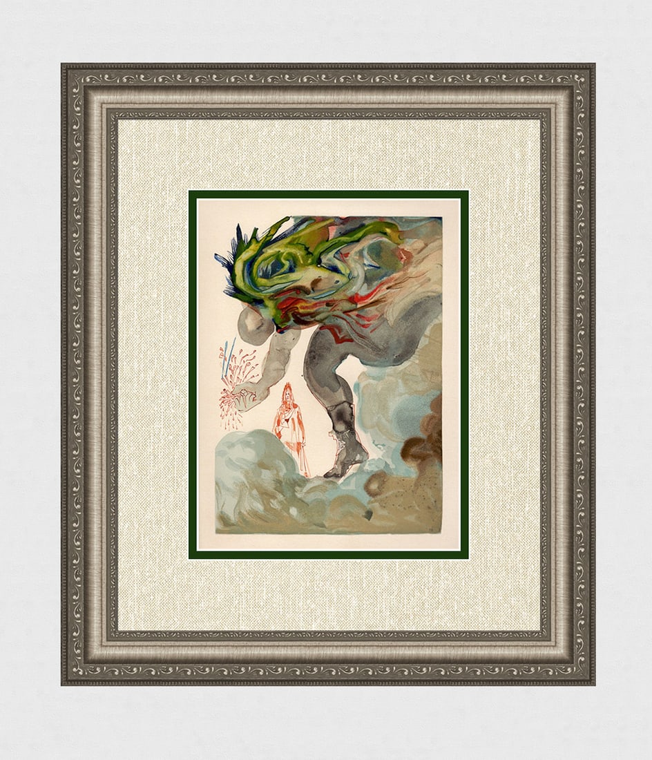 1960 Salvador Dali Giants Authentic Woodcut: Salvador Dali. (1904-1989). "The Giants" Enferno Canto 31. Authentic Original Color Woodcut from The Divine Comedy Printed in 1960 on B.F.K. Rives Paper ( this is not a reproduction, copy, or reprint,