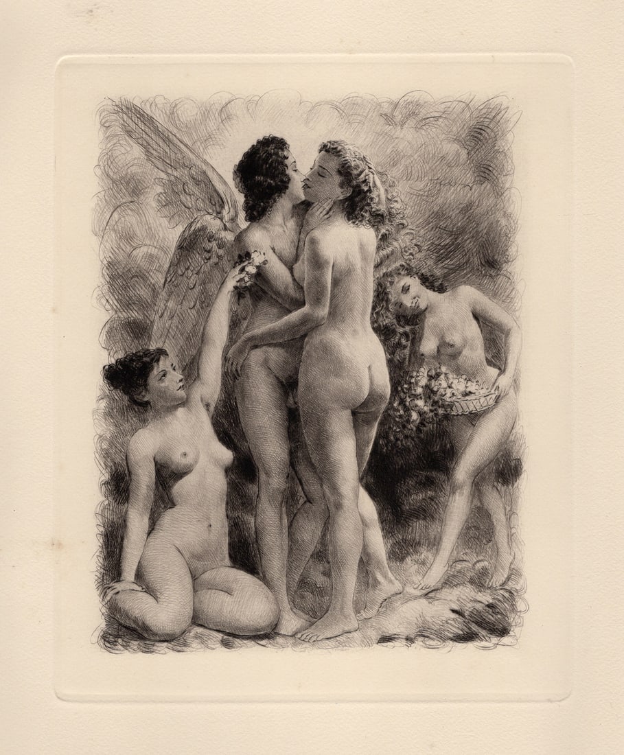 Marriage of Cupid & Psych Original 1955 Paul-Emile Becat Limited Drypoint Framed: Paul-emile Becat (French, 1885 - 1960). Marriage of Cupid & Psyche.Original drypoint etching on wove paper. Year: 1955. Edition 282 limited edition of 670. Publisher Les Heures Claires, Paris. Image