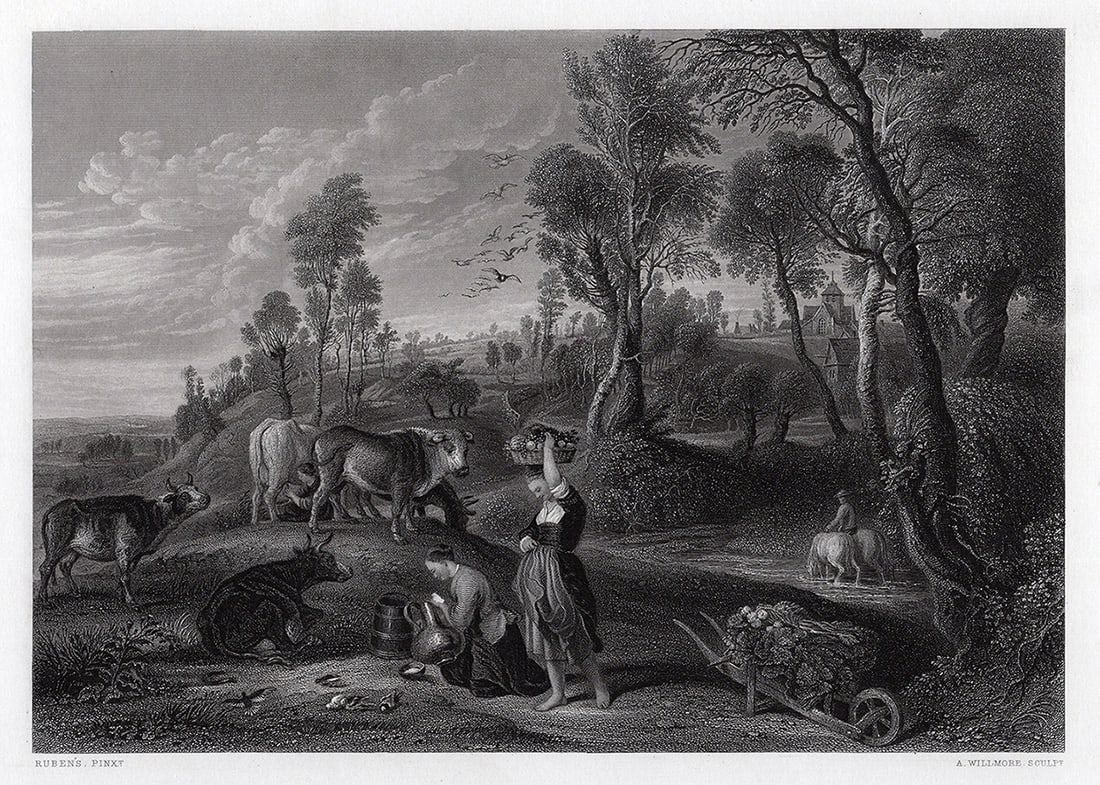 1858 Sir Peter Paul Rubens The farm at Lacken engraving signed: Sir Peter Paul Rubens. (Flemish, 1577-1640). The Farm at Lacken. Antique engraving on wove paper after the original by master engraver?Arthur Willmore (British, 1814-1888). Antique engraving on wove p