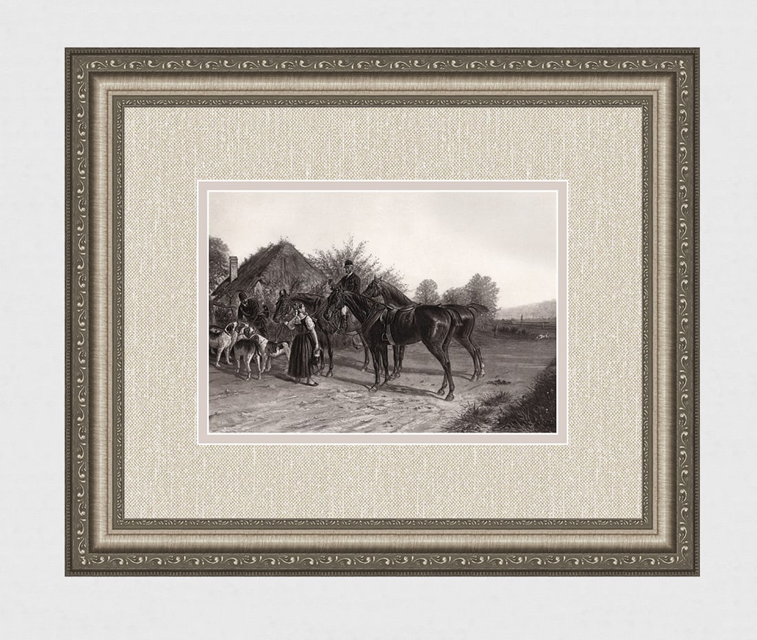 Alphonse Victor Baumann 1800s Antique Print Halt of the Hunters FRAMED: Alphonse Victor Baumann (French, 1826 - 1909). Halt of the Hunters. Antique Heliogravure on wove paper after the original.Year: c. 1890. Image Size 7 1/8 x 10 5/8 inches. Framed dimensions approximate