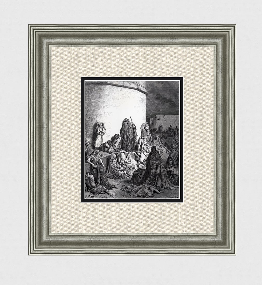FRAMED 1800s GUSTAVE DORE Wood Engraving Mourning the Destruction of Jerusalem SIGNED: Gustave Dore (Paul Gustave Louis Christophe Dore) (French, 1832-1883).The People Mourning over Jerusalem (From Dore's Bible).Antique Wood Engraving wove paper after the original by a master wood engra