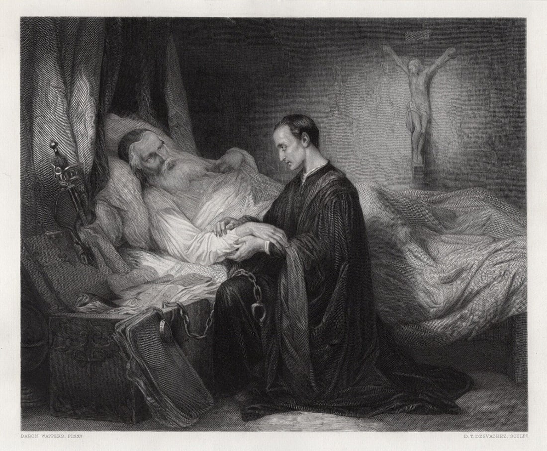 1800s GUSTAVE WAPPERS Engraving The Death of Columbus SIGNED Framed: Egide Charles Gustave, Baron Wappers (Belgian, 1803-1874). The Death of Columbus. Antique engraving on wove paper after the original by master engraver David Joseph Desvachez (French, 1822-1902). Year