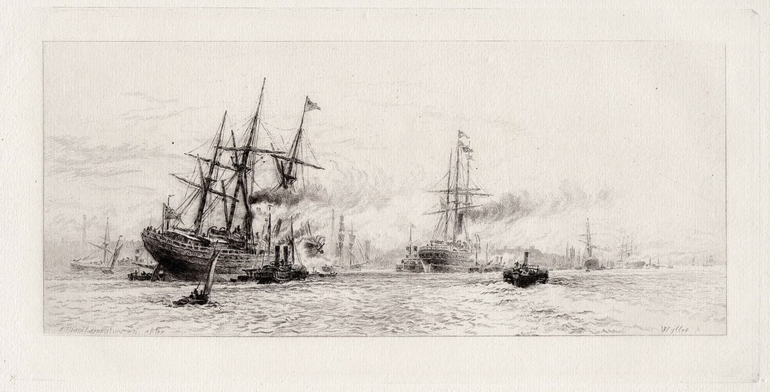 William Lionel Wyllie Shipping on the Mersey 1881 Etching Signed: William Lionel Wyllie. Shipping on the Mersey. Antique copper plate etching on laid paper after the original by master engraver Alfred Louis Brunet-Debaines (French, 1845-1939). 1881. Signed in the pl