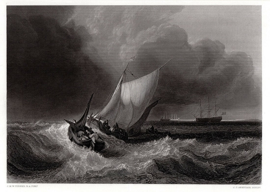 Joseph Mallord William Turner Dutch Boats in a Gale (The Bridgewater Sea Piece) 1862 Engraving: Joseph Mallord William Turner. Dutch Boats in a Gale (The Bridgewater Sea Piece). Antique engraving on wove paper after the original oil on canvas by master engraver John Carr Armytage (British 1913 -