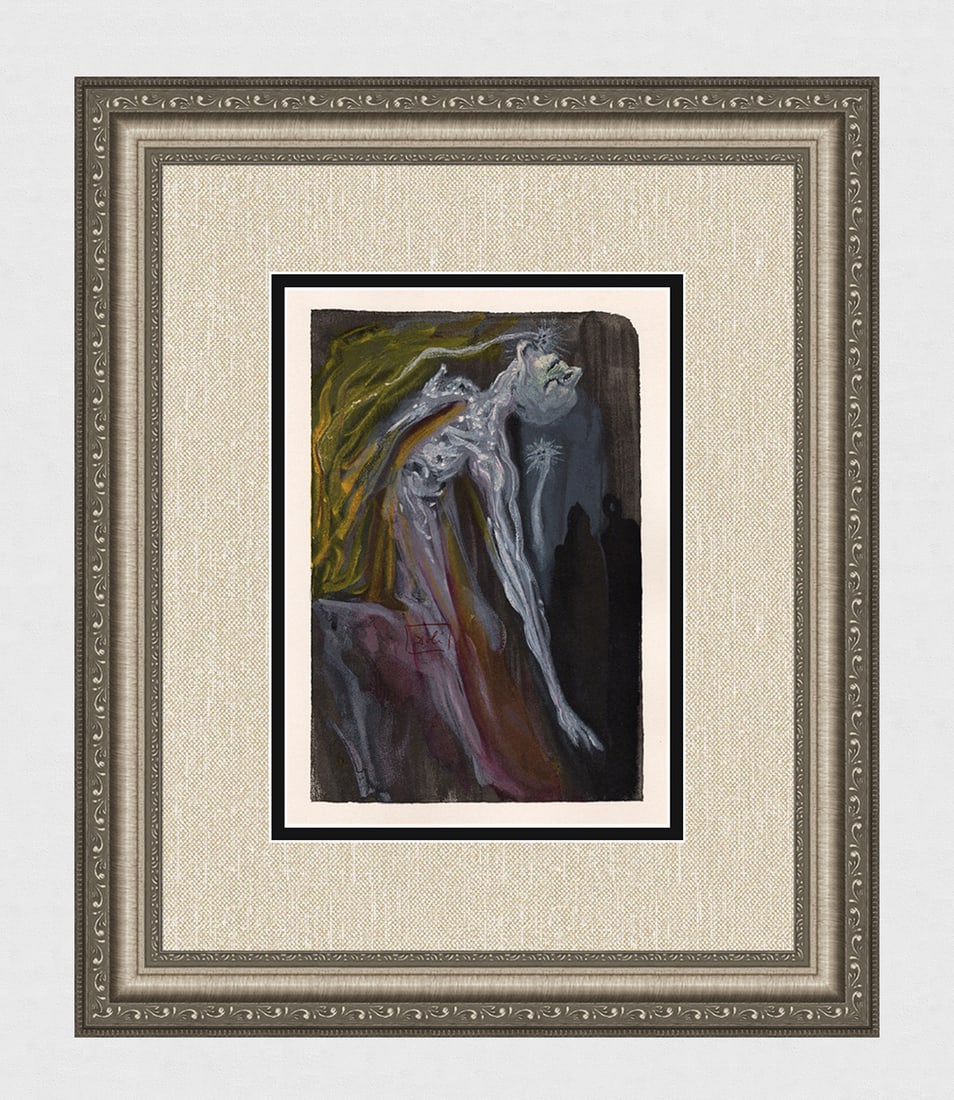 Salvador Dali 1960 Woodcut Signed Framed Furies: Salvador Dali. "Furies" Enferno Chant 9. Authentic Original Color Woodcut from The Divine Comedy Printed in 1960 on B.F.K. Rives Paper ( this is not a reproduction, copy, or reprint, but the original 