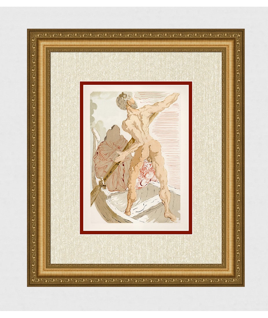 1960 Salvador Dali Charon Authentic Woodcut: Salvador Dali. (1904-1989). "Charon and the Shore Shore of Acheron" Enferno Canto 3 . Authentic Original Color Woodcut from The Divine Comedy Printed in 1960 on B.F.K. Rives Paper ( this is not a repr