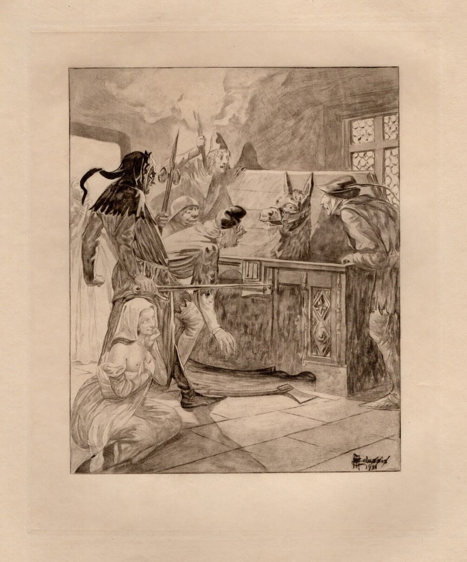 Framed Edmond Malassis Engraving Apprehending the Donkey Limited Signed: Edmond Malassis (French, 1874 - 1944). Capturing the Donkey III (Capturer l'?ne II) (Cent Nouvelles Nouvelles). Vintage copper plate engraving in black ink on Velin paper after the original by master 