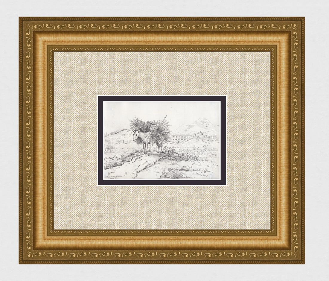 1800's Hepburn Drawing Ariccia Roman Ruins: Agnes Buchan-Hepburn (1836 - 1926). Donkey near Albano (Rome Italy). Original pencil drawing on wove paper. Year: May 1863 . Titled and dated lower left. Image size 3 3/4 x 5 3/4 inches. Framed dimens