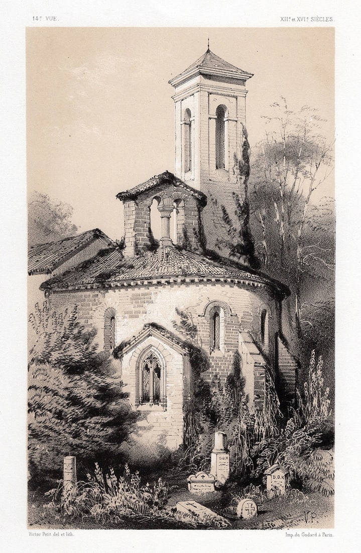 FRAMED ORIGINAL V. PETIT 1800s Lithograph Eglise De St. Maurice SIGNED: Victor Petit (1817-1871). Eglise de St. Maurice, Vienne (Church of St. Maurice). Original tinted lithograph on strong vellum paper. Year: 1860. Signed in the plate. Published by A Godard Paris. Image 