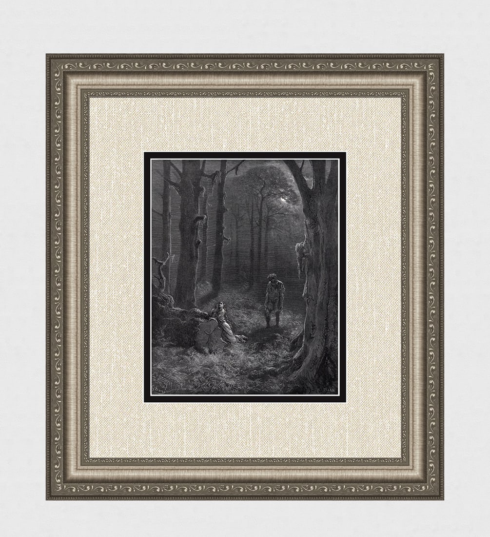 1800's Gustave Dore Wood Engraving Lovers in the Moonlit Forest Signed Framed: Gustave Dore (Paul Gustave Louis Christophe Dore) (French, 1832-1883). The Lovers in the Moon-Lit Forest (for Atala by Chateaubriand). Antique Wood Engraving on wove paper after the original by master