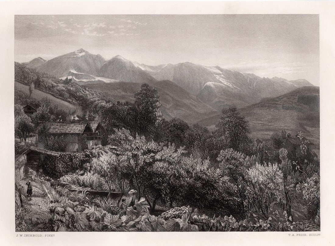 FRAMED 1800s John William Inchbold Bypath to Chamouni SIGNED: John William Inchbold (1830-1888). A Bypath to Chamouni. Antique engraving after the original by master engraver Thomas Abiel Prior (British, 1809-1886). Year: 1871. Signed in the plate. Image Size 6 