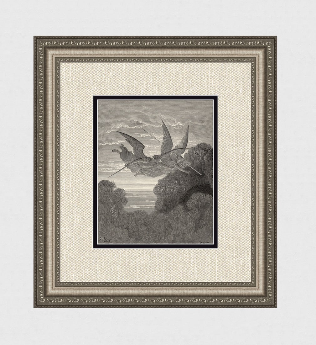 Gustave Dore Angels (Milton's Paradise Lost) c. 1880 Woodcut Signed: Gustave Dore (Paul Gustave Louis Christophe Dore) (French, 1832-1883). These to the bower direct, In search of whom they sought (Milton's Paradise Lost). Antique woodcut wove paper after the original 