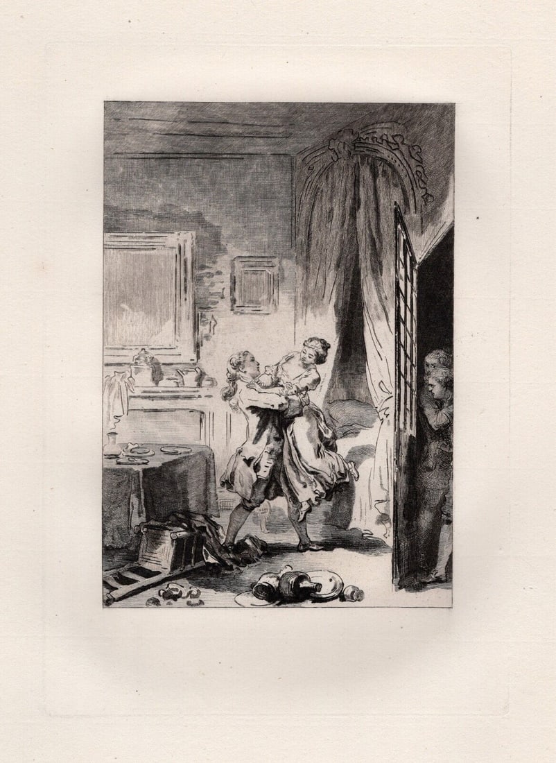Framed 1800s Jean-Honore FRAGONARD Limited Etching Les Remois LIMITED: Jean-Honore Fragonard (French, 1732 - 1806). Les Remois (from Conte de La Fontaine). Antique etching on laid paper after the original by master engraver Adolphe Martial Potemont (French, 1828-1883). Y
