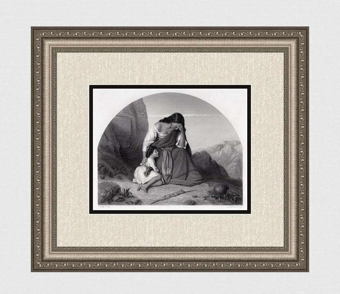 Joseph Clark 1800s Engraving "Hagar & Ishmael Landscape" SIGNED Framed: Joseph Clark (1834-1926). Hagar and Ishmael. Antique engraving on wove paper after the original by master engraver James Charles Armytage (English, c. 1802 - 1897). Year: 1863. Signed in the plate. Im
