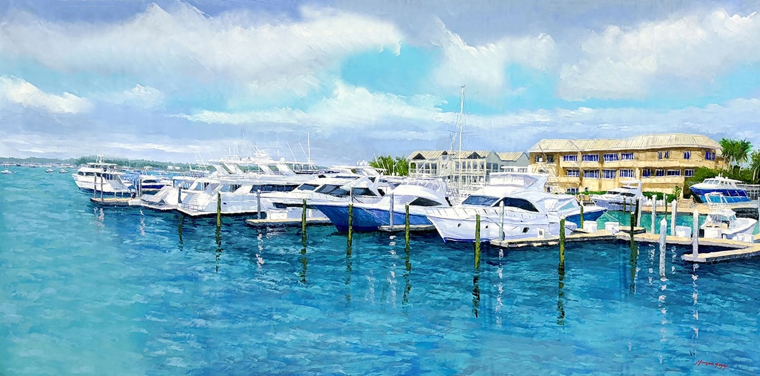 Mauricio Garay Original Painting Docked Boats 72 x 36 inches: Mauricio Garay. Docked Boats V. Original oil painting on canvas. Canvas Size 72 x 36 inches. Mauricio Garay began to arouse his interest in art at an early age, with some artistic guidance from his un