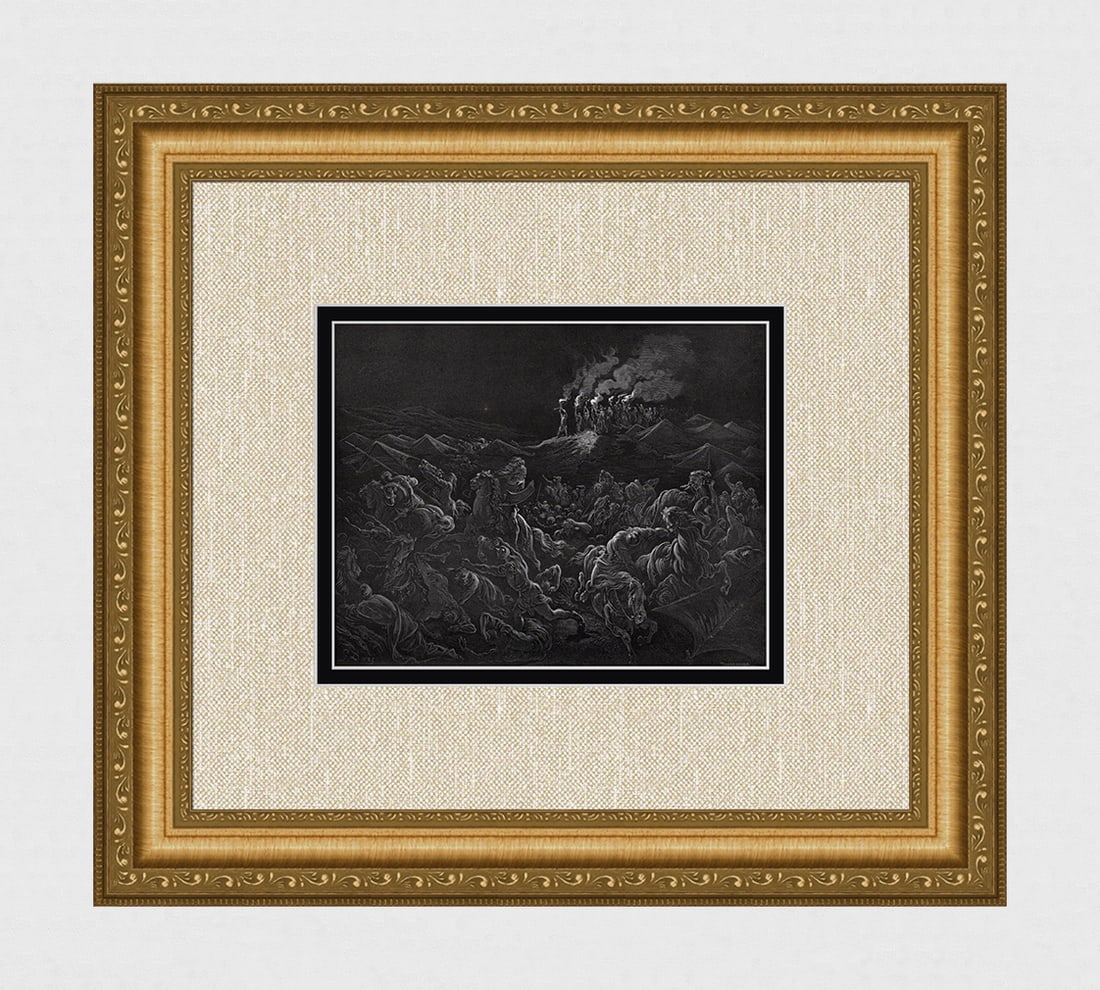 SIGNED 1800s Gustave Dore Religious Woodcut Fighting Midianites FRAMED: Gustave Dore (Paul Gustave Louis Christophe Dore) (French, 1832-1883). The Midianites put to Flight (From Dore's Bible). Antique woodcut wove paper after the original by a master wood engraver. Adolph