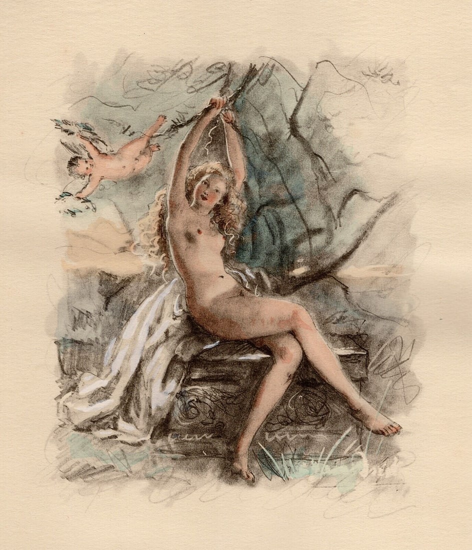 Original 1947 Paul-Emile Becat Nude Limited Lithograph Daydreamer Framed: Paul-emile Becat (French, 1885 - 1960). Waiting for Love (En attendant l'amour). Original lithograph on Chiffon Renage paper. Year: 1947. Numbered limited edition. This is one of 195 numbered copies. 