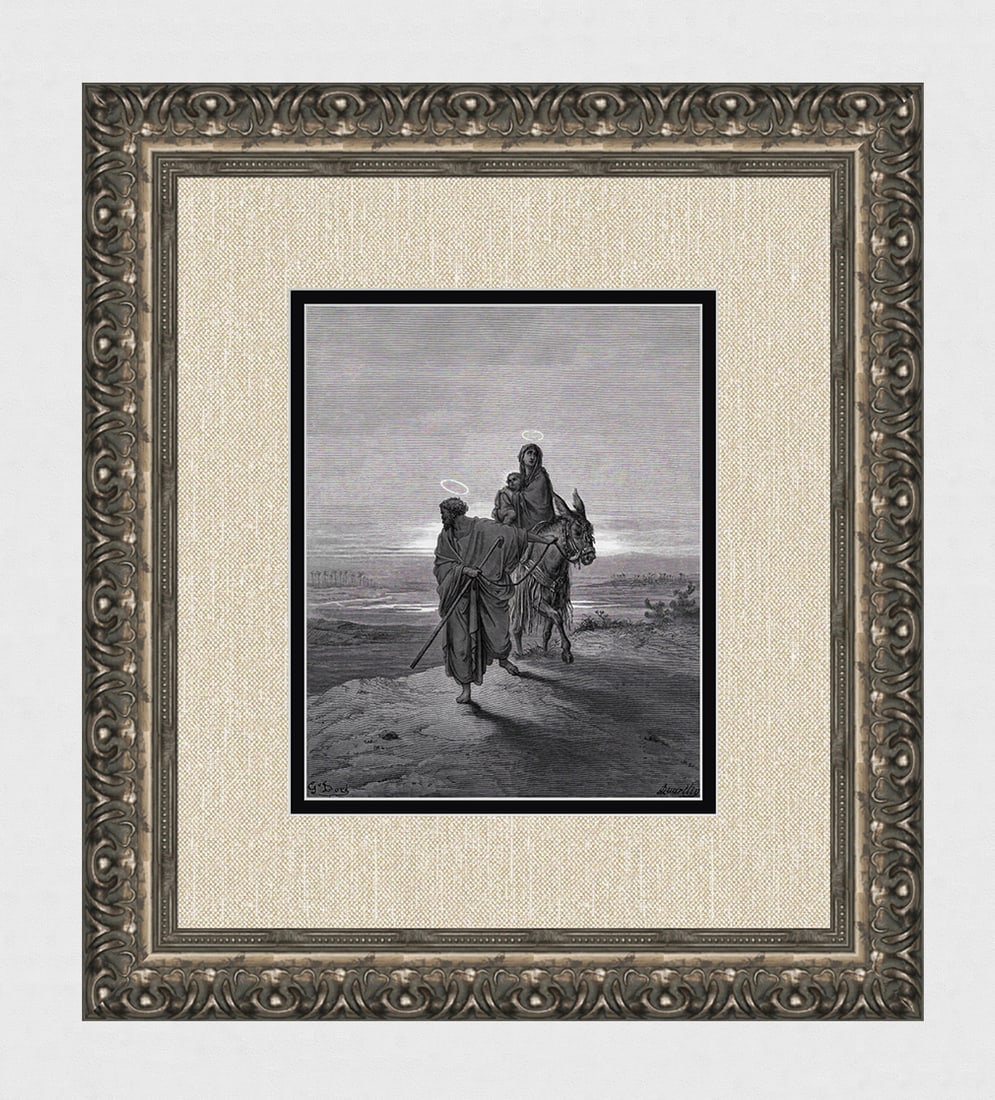 1800s Gustave DORE Religious Woodcut Joseph Leading Mary & Jesus SIGNED FRAMED: Gustave Dore (Paul Gustave Louis Christophe Dore) (French, 1832-1883). The Flight Into Egypt (from Dore's Bible). Antique woodcut wove paper after the original by a master wood engraver John Quartley 