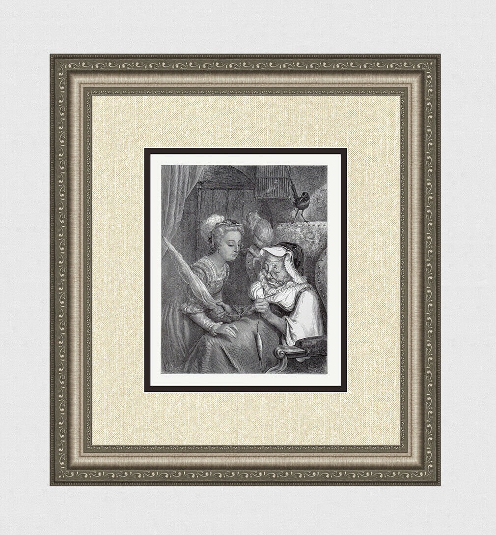 Gustave Dore Sleeping Beauty IV 1880 Woodcut Signed: Gustave Dore. Sleeping Beauty IV. Antique woodcut on thick wove paper after the original by a Master wood engraver. 1880. Signed in the plate. Image size 7 5/8 x 9 5/8 inches. Framed dimensions: Appro