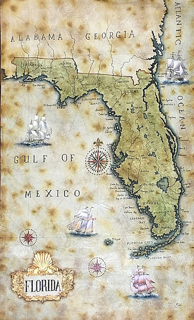 Original Salazar Florida Map Gallery Painting 40 x 60 inches: Julius Lira Salazar. "Florida Map" Original painting on canvas. Signed by the Artist. Canvas Size 40 x 60 inches. Born In Madre De Dios, Peru, In 1973, Julius Lira Salazar Comes From One Of The Poores
